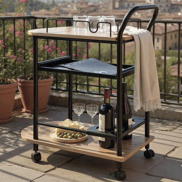Solna Wooden Drinks Serving Trolley In Oak And Black