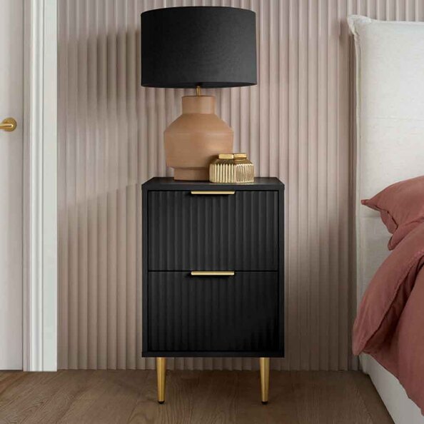 Solvian Wooden Fluted Bedside Cabinet with 2 Drawers in Black