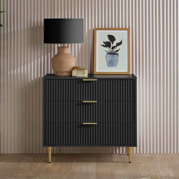 Solvian Wooden Fluted Chest Of 3 Drawers in Black