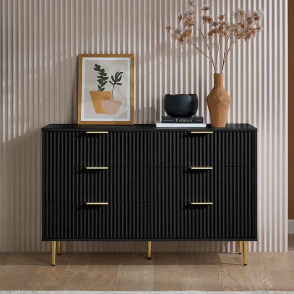Solvian Wooden Fluted Chest Of 6 Drawers in Black