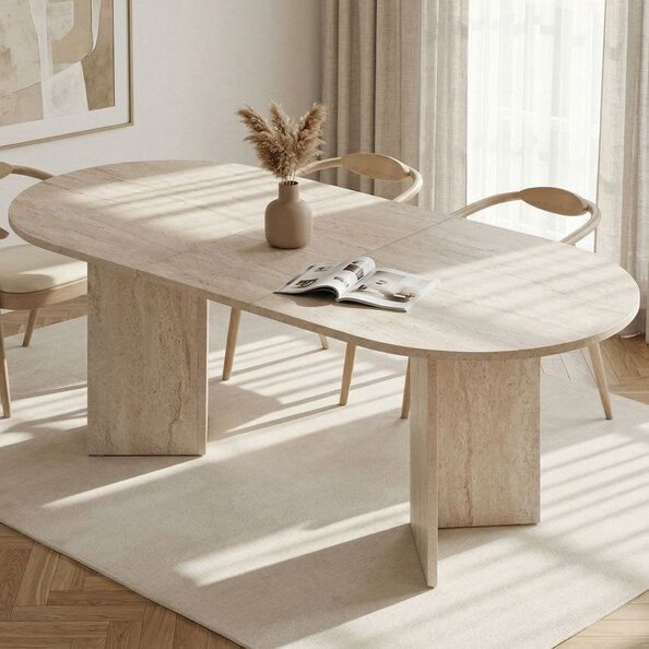 Soreno Oval Wooden Extending Dining Table in Travertine Marble Effect