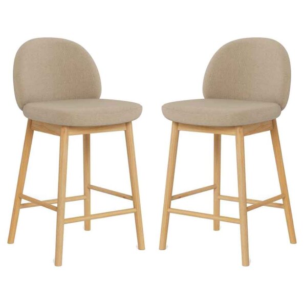 Spokane Fabric Bar Stools With Oak Legs in Pair - Beige