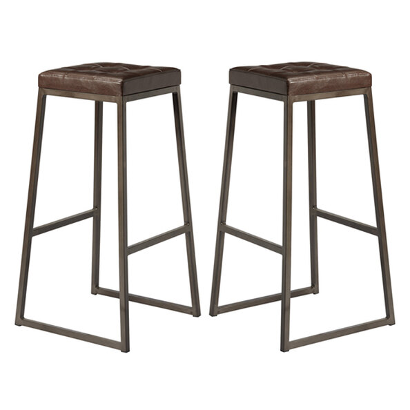 Steeple Raw Metal Frame Brown Faux Leather Bar Stools In Pair