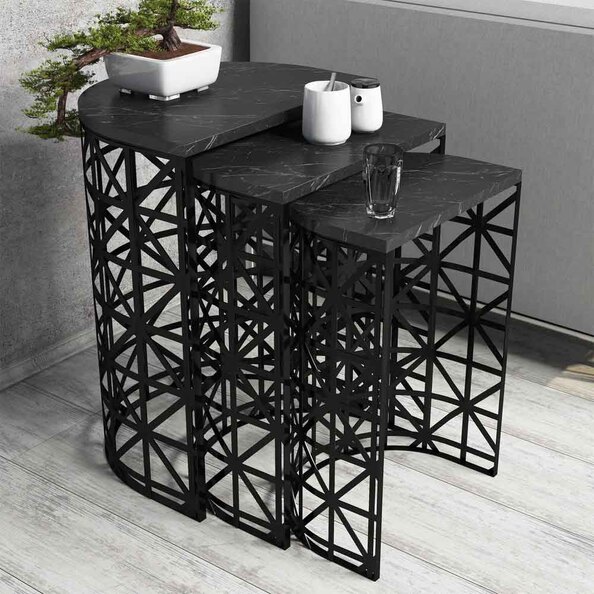 Stil Black Marble Effect Nesting Side Tables with Metal Base