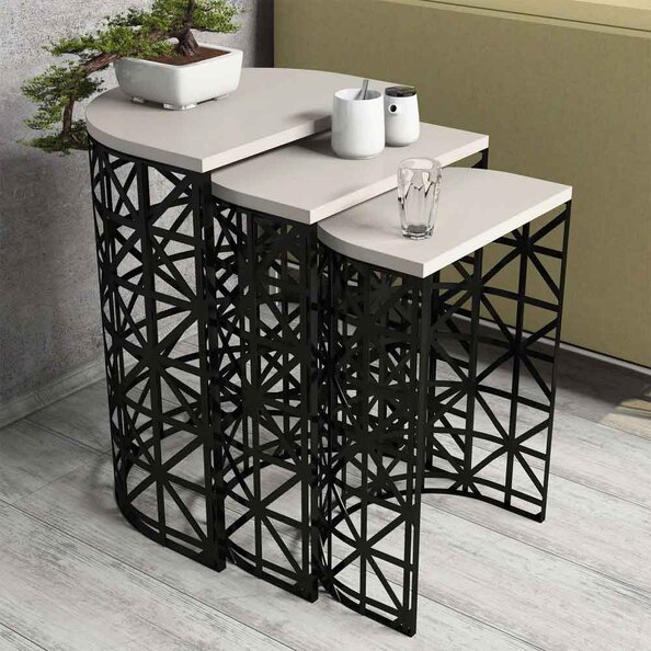 Stil Cream Marble Effect Nesting Side Tables with Black Metal Base