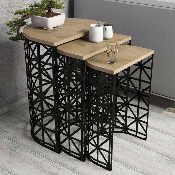 Stil Oak Wooden Nesting Side Tables with Black Metal Base