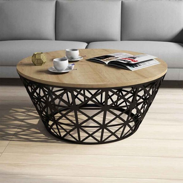 Stil Round Oak Wooden Coffee Table with Black Metal Base
