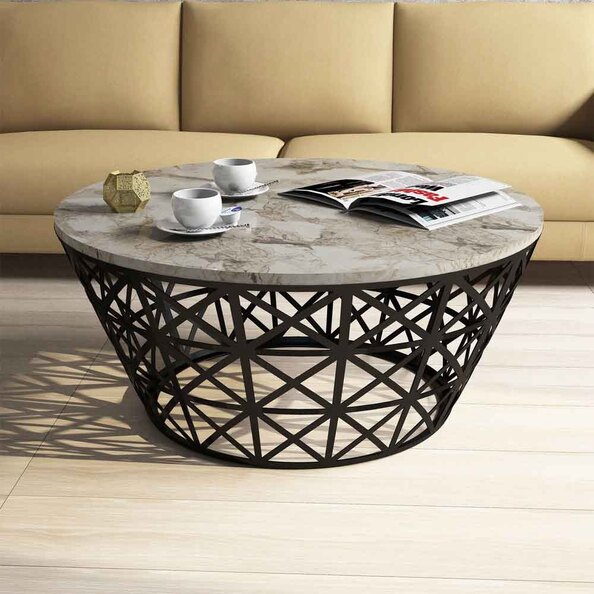 Stil Round White Marble Effect Coffee Table with Black Metal Base