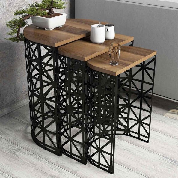Stil Walnut Wooden Nesting Side Tables with Black Metal Base