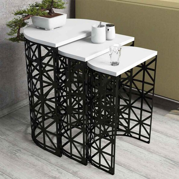 Stil White Wooden Nesting Side Tables with Black Metal Base