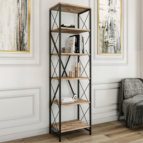 Suaro Wooden Shelving Unit with 5 Shelves in Atlantic Pine and Black