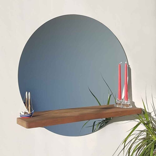 Sunset Glass Wall Mirror with Walnut Pine Wood Shelf