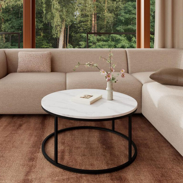 Suva White Marble Granada Top Coffee Table with Matt Black Steel Base
