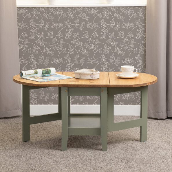 Suva Wooden Drop Leaf Coffee Table In Waxed Pine And Green