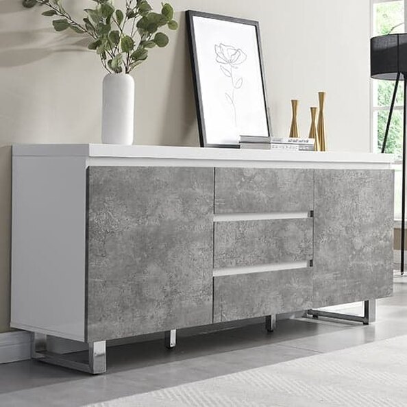 Sydney High Gloss Sideboard In White And Concrete Effect