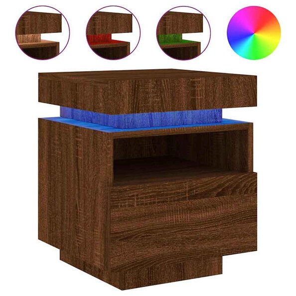 Syracuse Wooden Bedside Cabinet With 1 Drawer And LED - Brown Oak