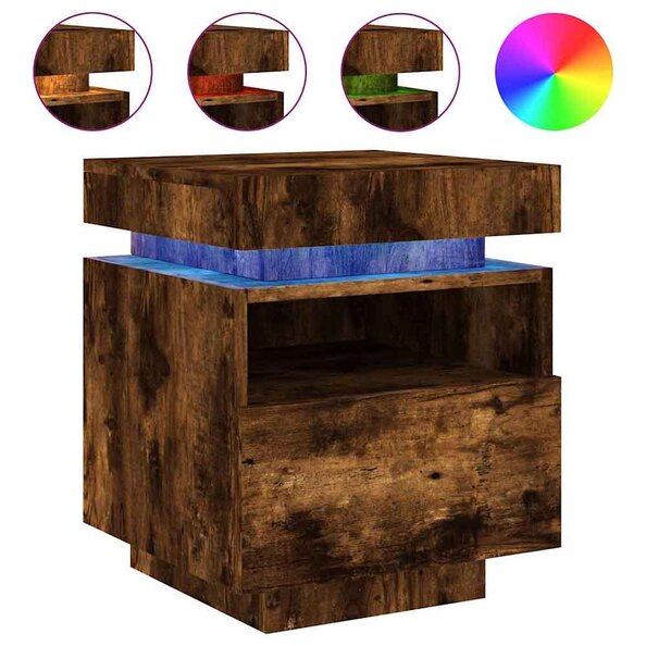 Syracuse Wooden Bedside Cabinet With 1 Drawer And LED - Smoked Oak