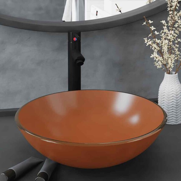 Tacoma Round Countertop Basin 420mm Wide With Black Tap And Waste - Brown Glass