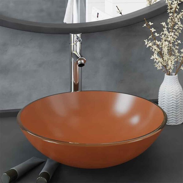 Tacoma Round Countertop Basin 420mm Wide With Chrome Tap And Waste - Brown Glass