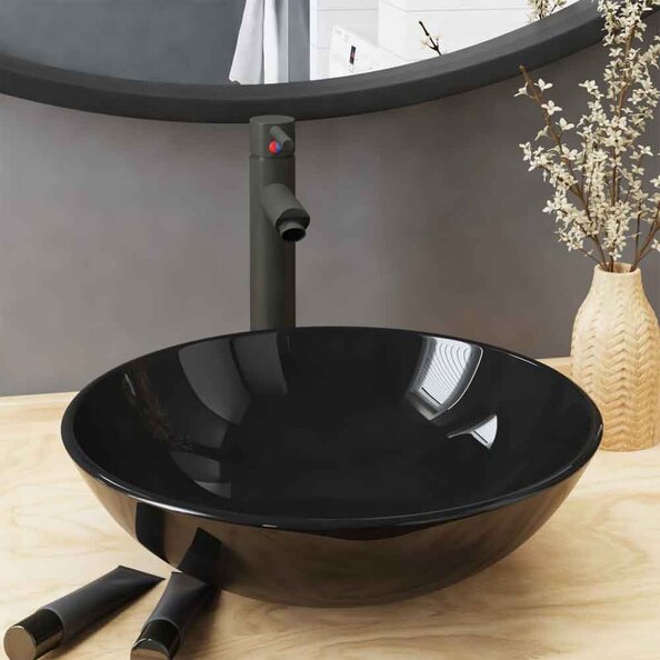 Tacoma Round Countertop Basin 420mm Wide With Grey Tap And Waste - Black Glass