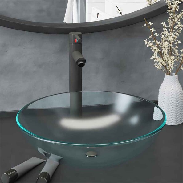 Tacoma Round Countertop Basin 420mm Wide With Grey Tap And Waste - Half Frosted Glass