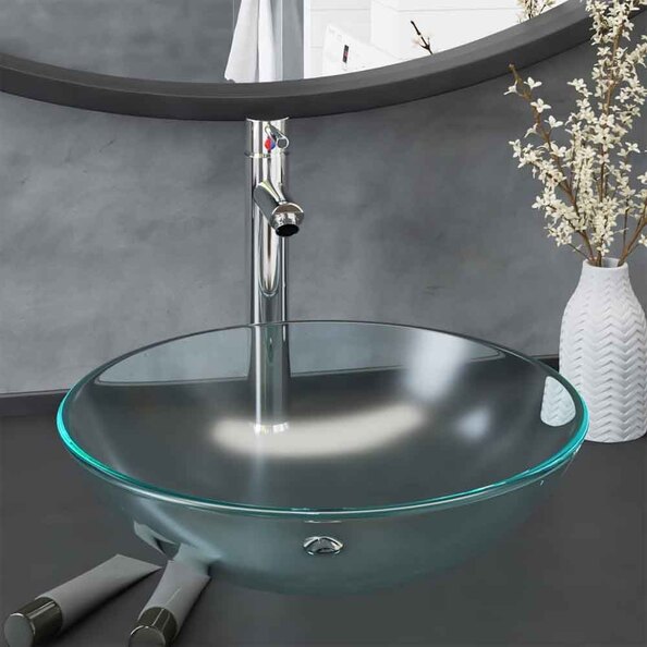 Tacoma Round Countertop Basin 420mm Wide With Silver Tap And Waste - Half Frosted Glass