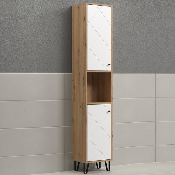 Tarlen Tall Wooden Bathroom Storage Cabinet in Matt White and Artisan Oak
