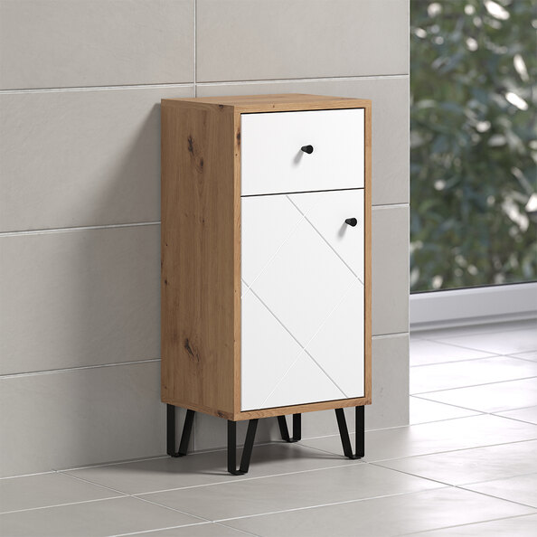 Tarlen Wooden Bathroom Storage Cabinet in Matt White and Artisan Oak