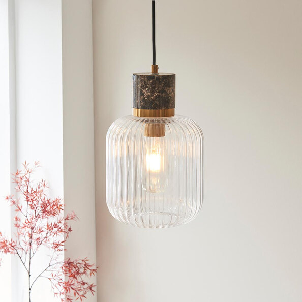 Tarrytown Ribbed Glass Pendant Light In Brown Emperador Marble