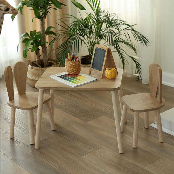 Tavsan Wooden Kids Table with 2 Chairs in Brown