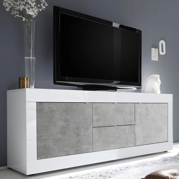 Taylor White High Gloss TV Sideboard With 2 Door 2 Drawer In Cement