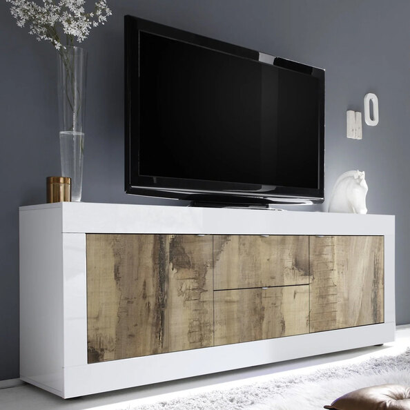 Taylor White Gloss TV Sideboard With 2 Door 2 Drawer In Pero