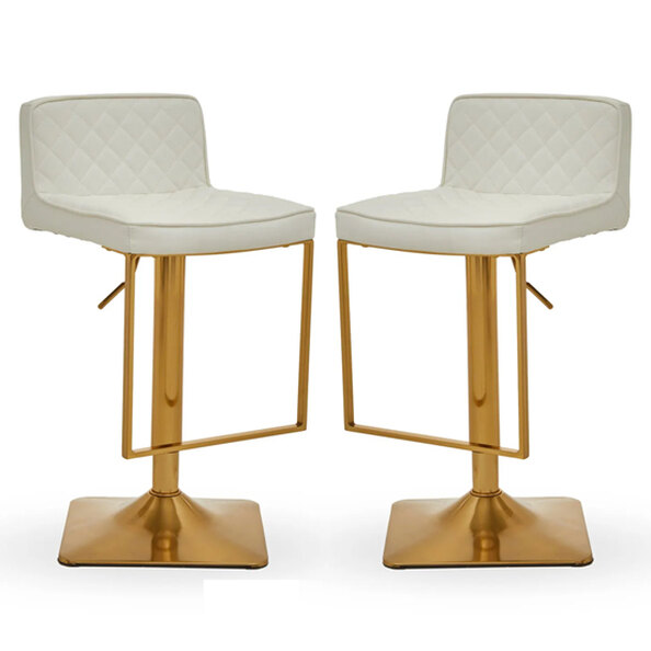 Baino White Leather Bar Chairs With Gold Footrest In A Pair