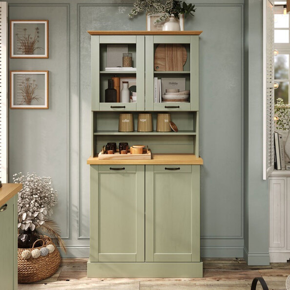 Telmira Wooden Coffee Station with 4 Doors in Sage Green and Stained Wax