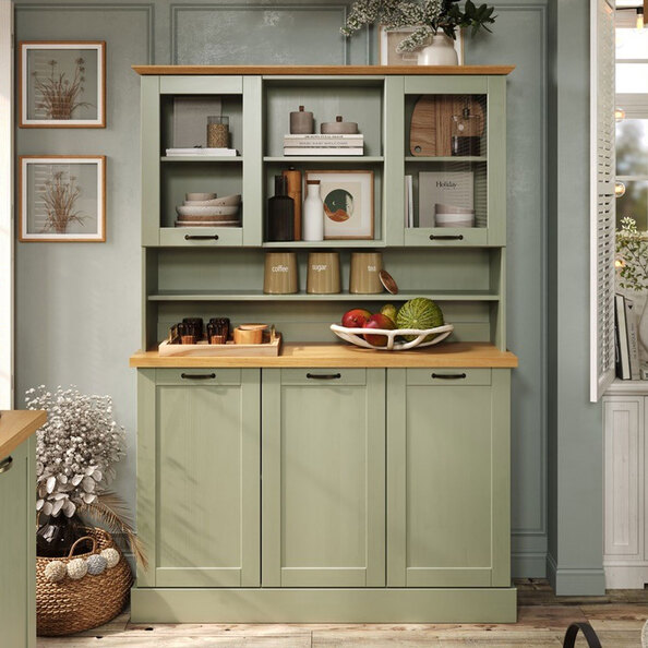 Telmira Wooden Coffee Station with 5 Doors in Sage Green and Stained Wax