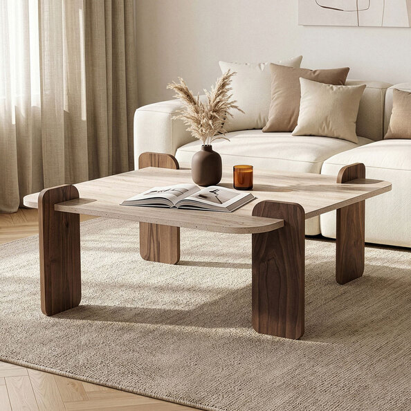 Albury Square Wooden Coffee Table in Travertine Marble Effect and Walnut