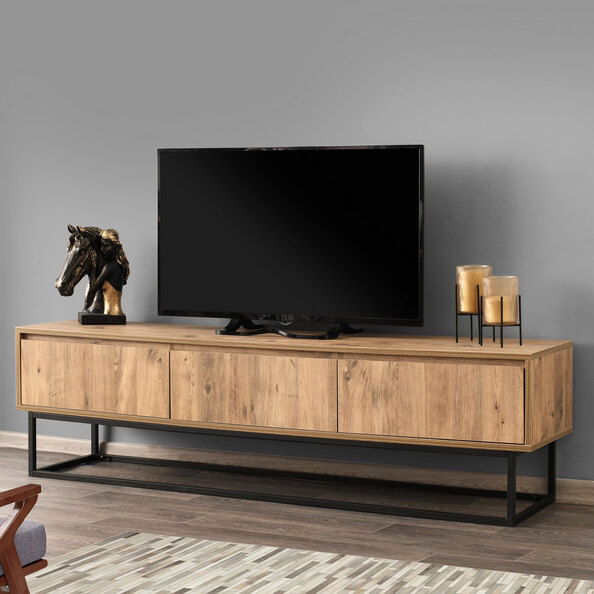 Tilano Large Wooden TV Stand with Metal Legs in Pine and Black