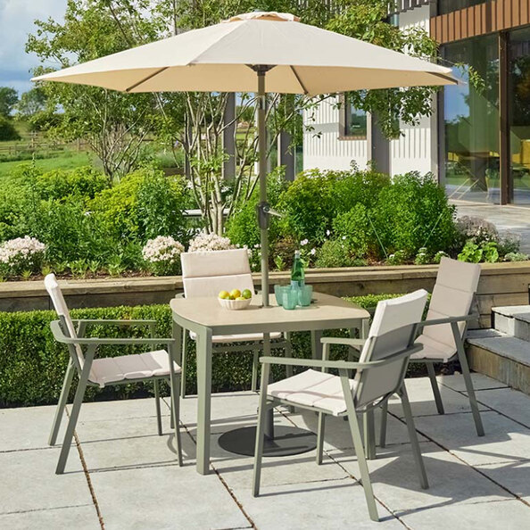 Tosano Garden Ceramic Glass Stone Top Dining Set with 2.5m Parasol in Sage Green and Cream