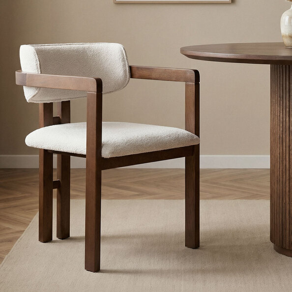 Tovaro White Fabric Dining Chairs with Dark Walnut Wooden Frame in Pair