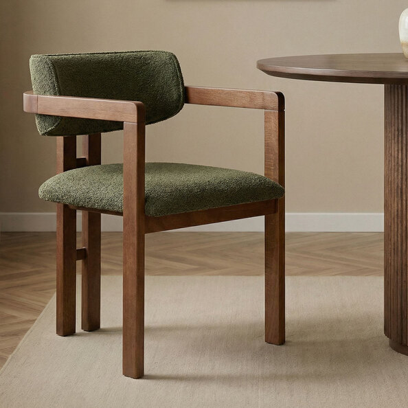 Tovaro Green Fabric Dining Chairs with Walnut Wooden Frame in Pair