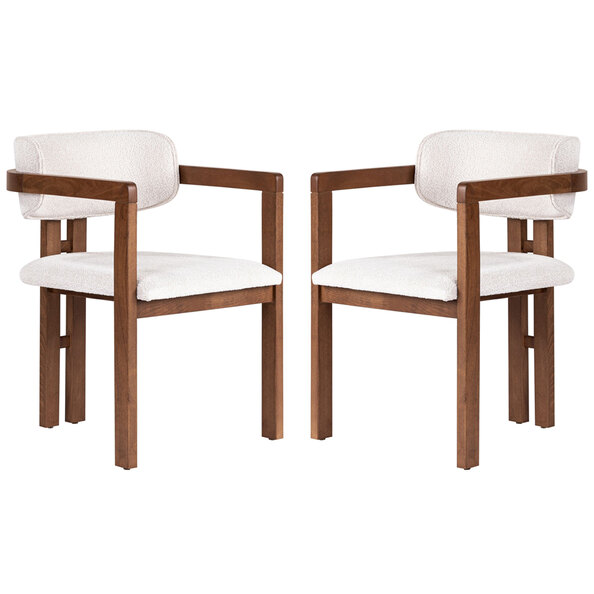 Tovaro White Fabric Dining Chairs with Walnut Wooden Frame in Pair
