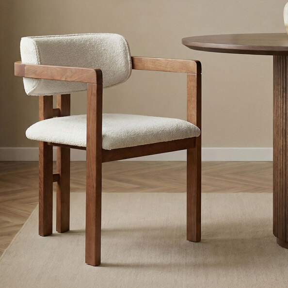 Tovaro White Fabric Dining Chairs with Walnut Wooden Frame in Pair