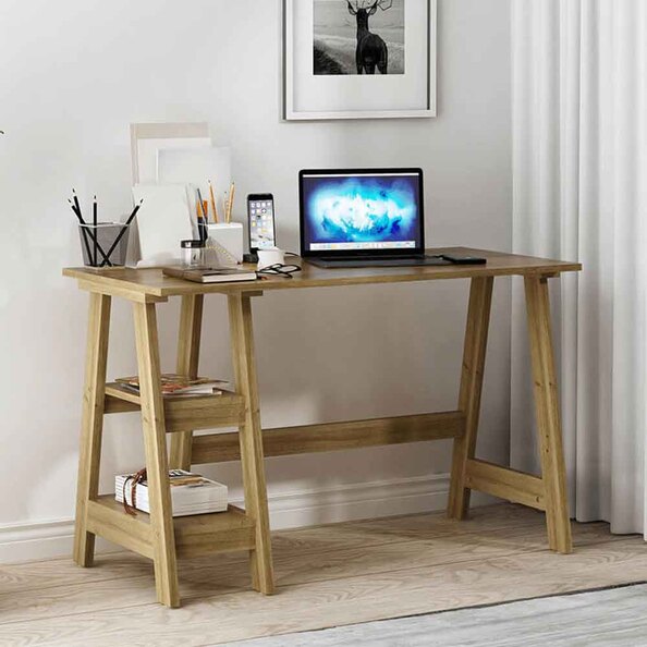Travis Wooden Laptop Desk With 2 Shelves - Oak