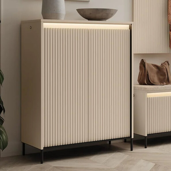 Trier Wide Wooden Hallway Cabinet With 2 Doors In Beige And LED