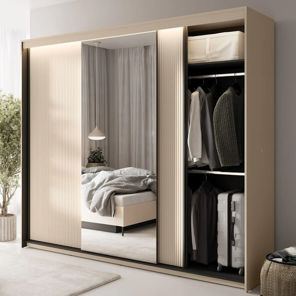 Trier Wooden Wardrobe With 3 Sliding Doors In Beige And LED