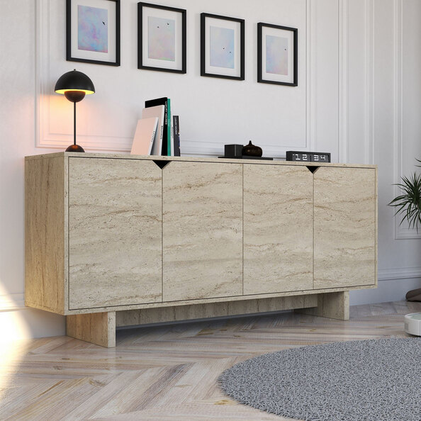 Turan Wooden Sideboard with 4 Doors in Travertine Marble Effect