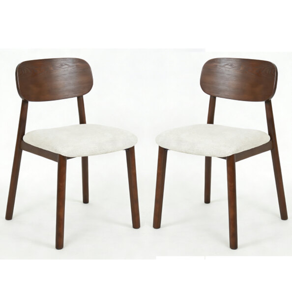 Urmel Walnut Wooden Dining Chairs with Cream Fabric Seat in Pair