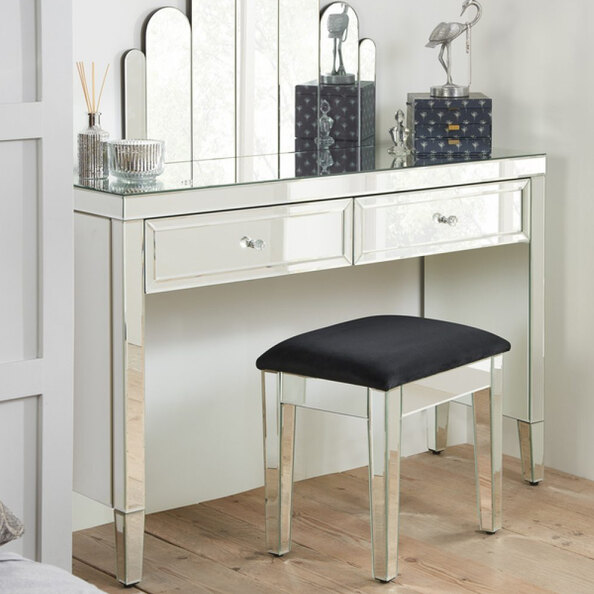 grey silver dressing table 43" Dressing Table Set With Mirrored Drawers And Stool, Tri Fold Mirro