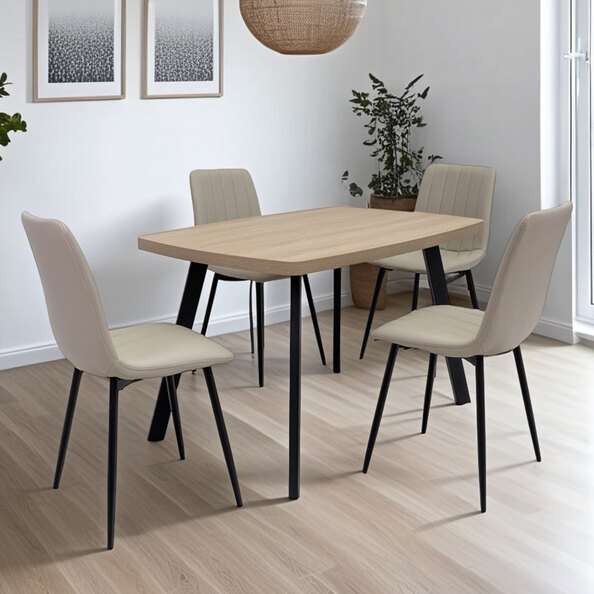 Vardo Light Oak Small Rectangular Wooden Dining Table with 4 Pomel Stone Chairs