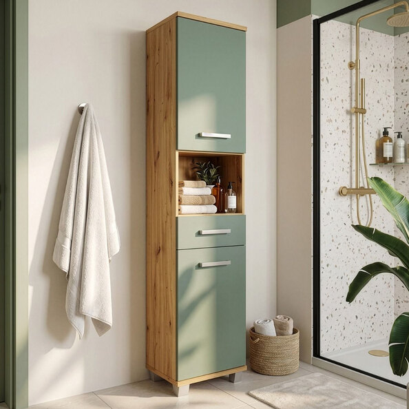 Vareon Tall Wooden Bathroom Cabinet in Artisan Oak and Sage Green